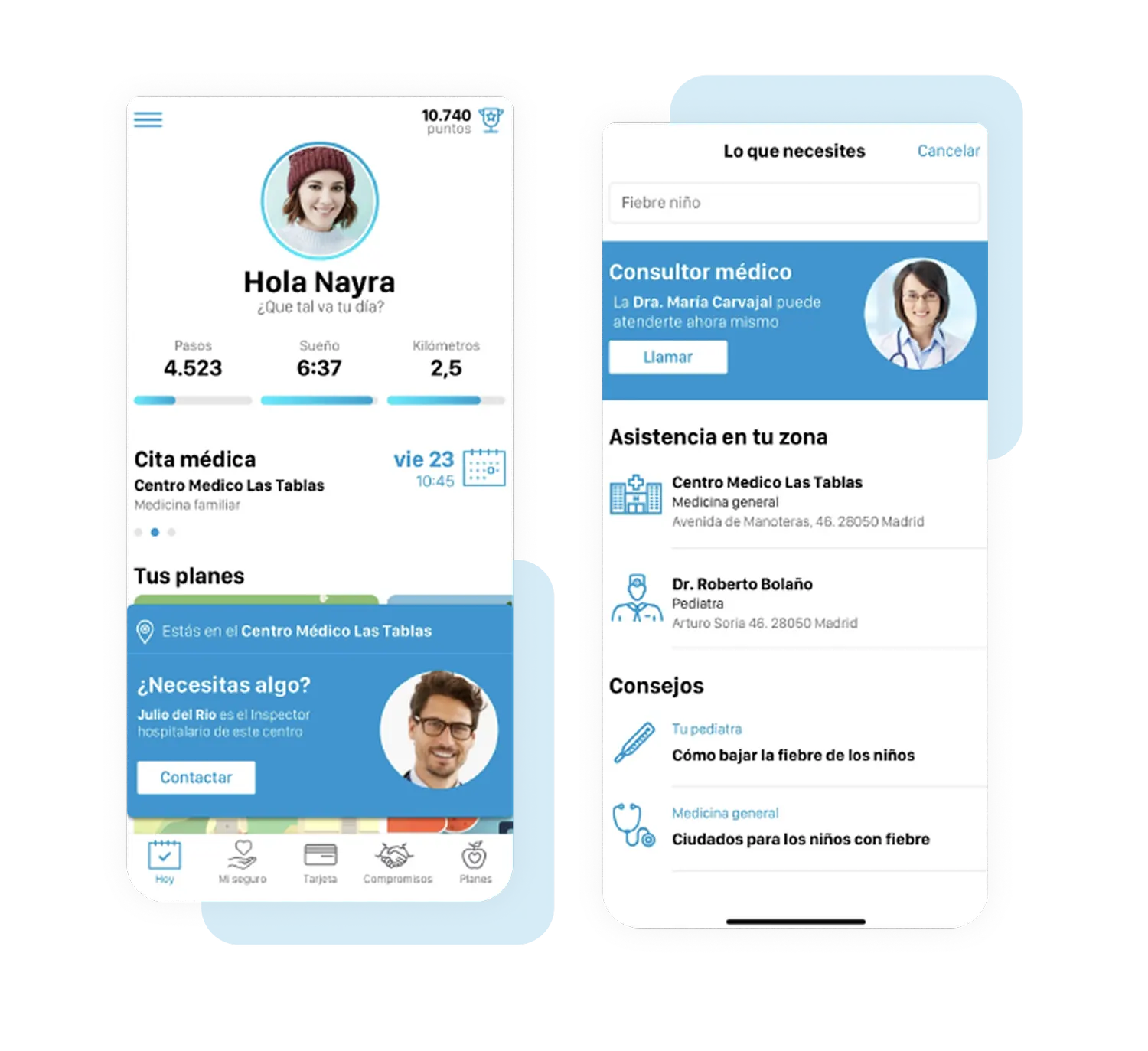 Pantalla de inicio de la app Adeslas junto a la asistencia médica cercana
