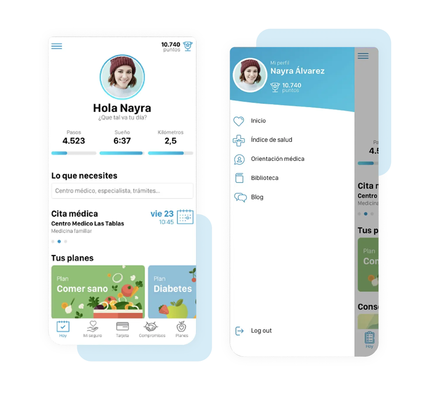 Pantalla de inicio de la app Adeslas junto al menú de perfil