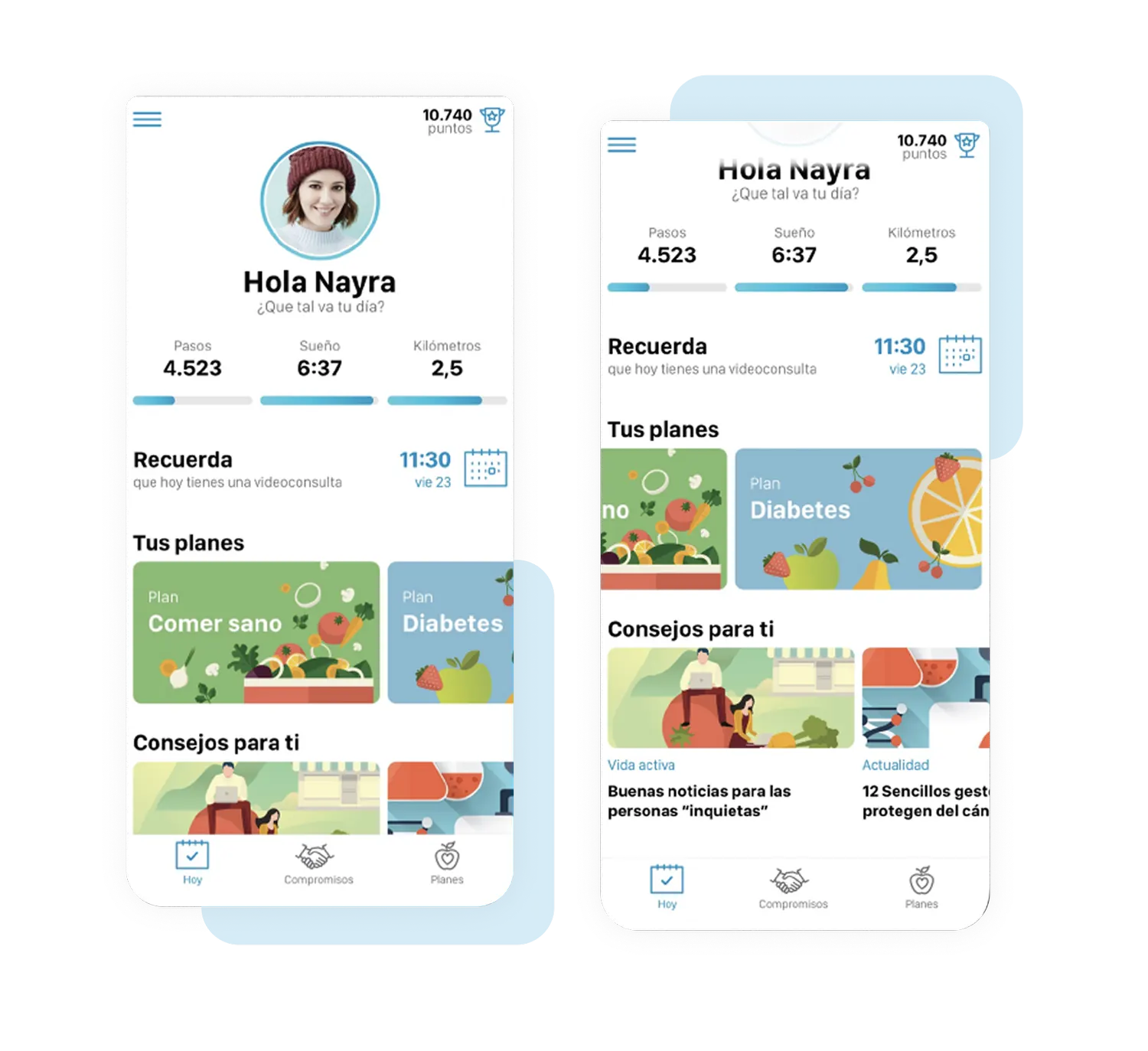 Pantalla de inicio de la app Adeslas con recordatorio de videoconsulta y consejos de salud