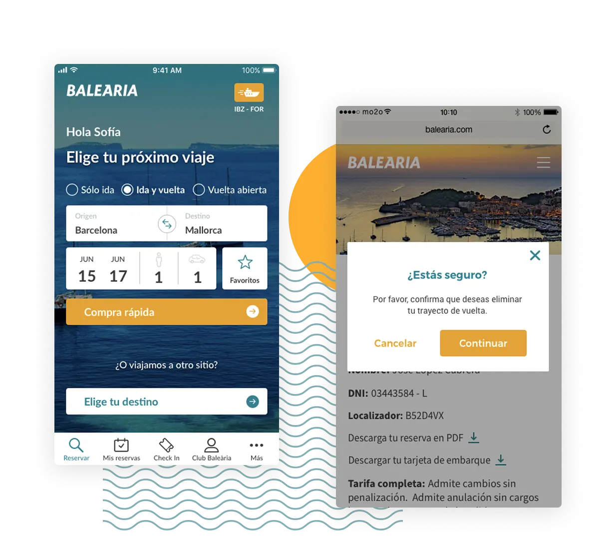 Pantalla de selección de destino y gestión de la reserva en la app de Baleària